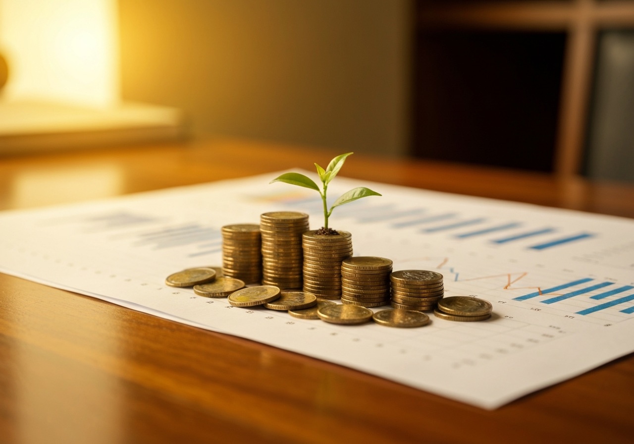 Planowanie finansowe i inwestycje - złote monety rosnące jak roślina
